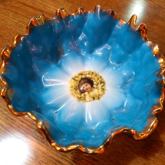 Blue and Gold Decorative Bowl Trinket Holder Antique Childs Face - Picture 1 of 3